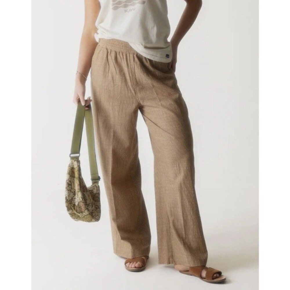 KAVU Women's Tamarindo Pants Basswood Tan Striped Organic Cotton Wide Leg Size M